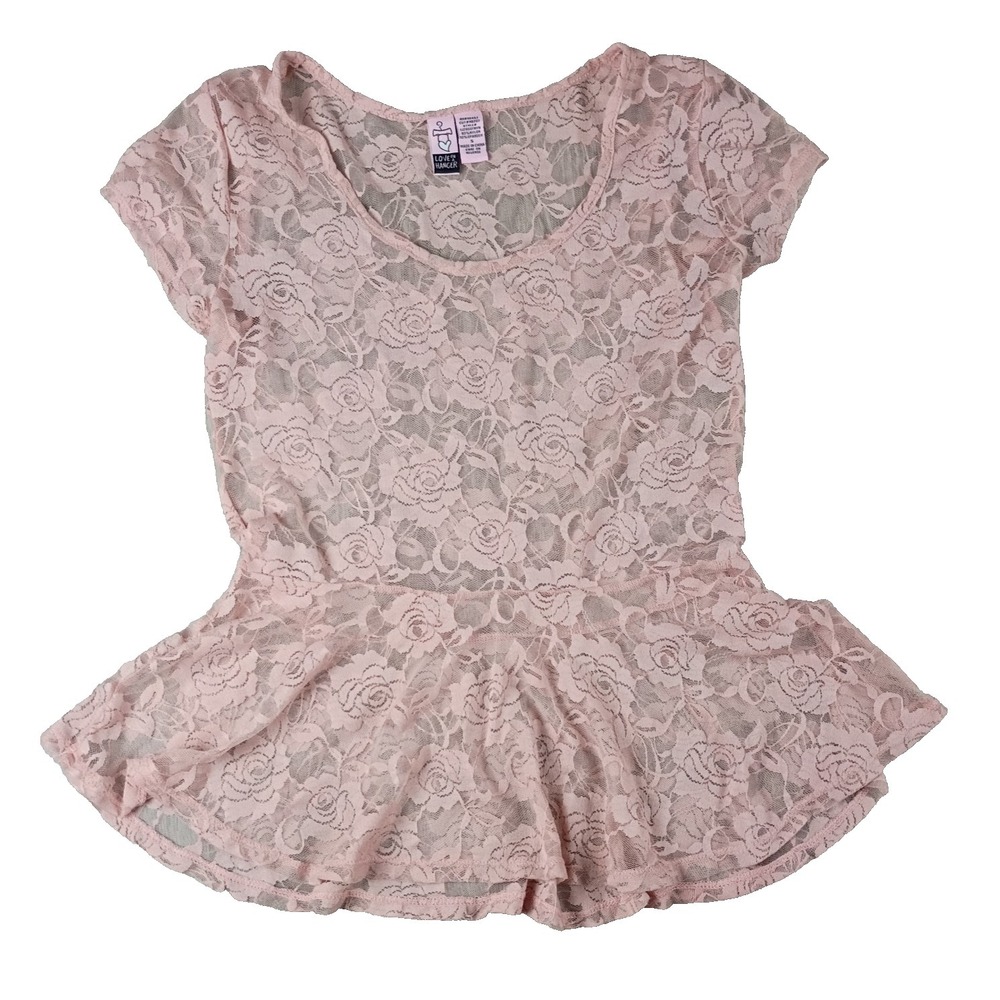Love On A Hanger Peplum Pink Top Small Sheer Lace Short Sleeve Floral Women Boho